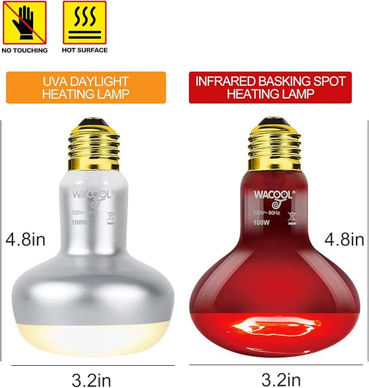 WACOOL 2Pack 100W Reptile Heat Lamp Day & Night Kit, Nature Simulated Basking Daylight & Nightlight Heat Lamp Bulbs for Reptiles & Amphibians, UVA Heat Lamp for Bearded Dragon Gecko Turtle Lizard WACOOLTERRA