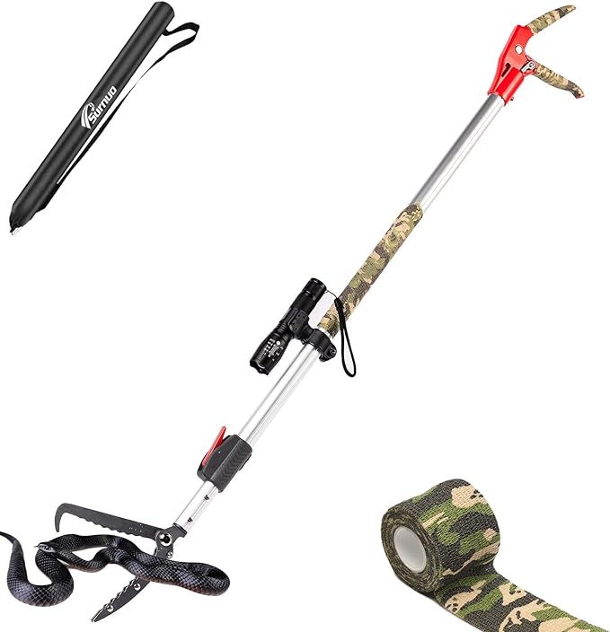 86.6" Heavy Duty Snake Tongs with Telescopic Pole Reptile Grabber Catcher BBQ Fireplace Log Picker, Extra Flashlight & Non-slip Straps Included Surnuo