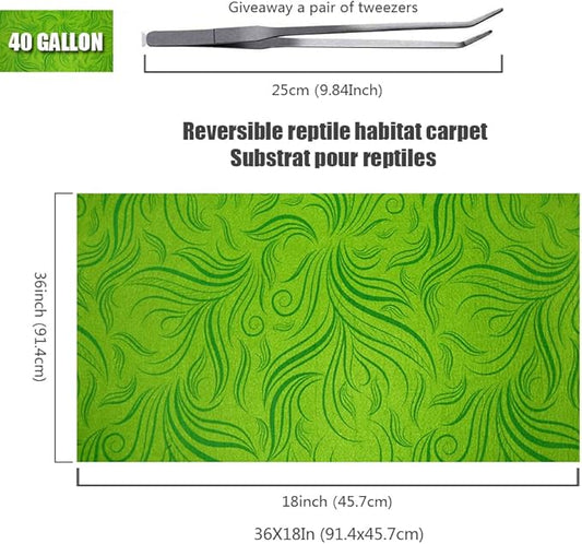 2 Pack Rainforest Tropical Reptile Carpet Mat & Reversible Substrate, Terrarium Liner Bedding, for Lizard,Chameleon,Gecko,Snake,Ceratophrys with Tweezers Feeding Tong (40 Gallon(36x18in)) REP+BUDDY