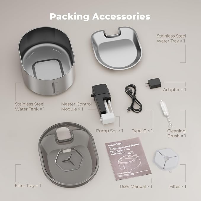 Wireless Cat Water Fountain Stainless Steel, 152oz/4.5L Cat Fountain Battery Operated, Cordless Pet Water Fountain for Cats & Dogs with Motion Sensor, Ultra Quiet Pump, Multi-Filtration - PAWPICO