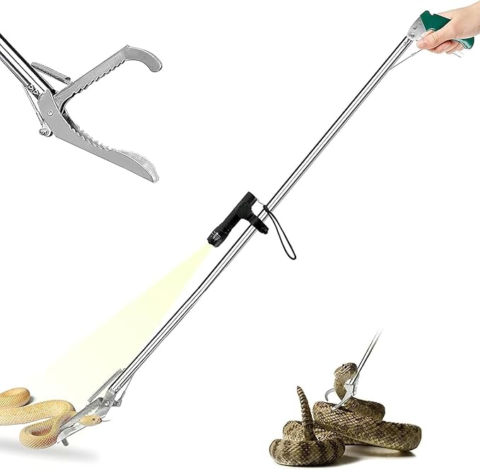 IC ICLOVER 60" Extra Long Snake Tongs, with Flashlight for Night Using, Heavy Duty Reptile Grabber Tool Rattle Snake Catcher, Professional Wide Jaw Snake Handling Tools with Lock, Non-Slip Grip Handle ICICLOVER