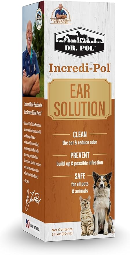 Dr. Pol Incredi-Pol Dog and Cat Ear Solution - Safe and Effective Ear Care Solution to Clean Ears and Prevent Ear Problems in Dogs, Cats, Horses, and More - 3 Fluid Ounces DrPol