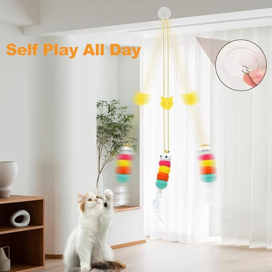 6 PCS Interactive Cat Feather Toys, Indoor Hanging Retractable Cat Toy, Self Play Toys Make Fun Excecise - PAWPICO