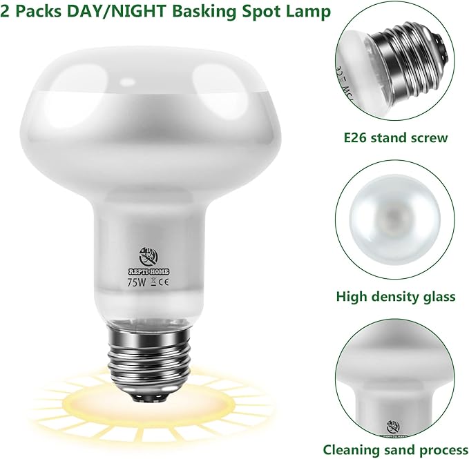Intense Reptile Heat Lamp Bulbs -2 Pack 75W, Reptiles & Amphibians UVA Basking Spot Lamp Bulb,Simulate Natural Sunlight Reptile Daylight Heat Bulb for Bearded Dragon, Snake REPTIHOME