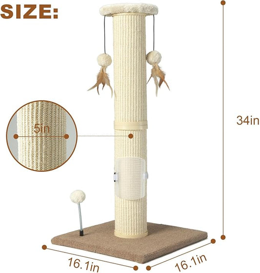 PAWSFANS Cat Scratching Post,34" Tall Large Sisal Woven Scratch Posts for Cats,with Hanging Ball Toy and Self-Massage Brush,Vertical Scratcher,5 Inches Diameter,Beige - PAWPICO