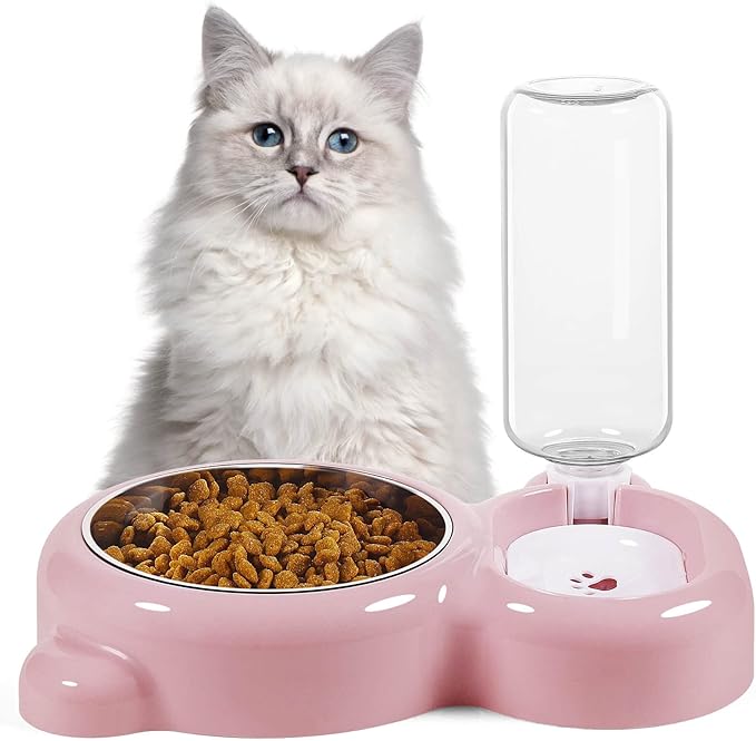 Dog Bowls, Cat Food and Water Bowl Set with Water Dispenser and Stainless Steel Bowl for Cats and Small Dogs - Pink - PAWPICO