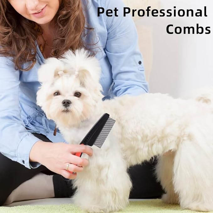 2 Pieces Fine Tooth and Wide Tooth Dog Grooming Comb - Rubber Handle Hair Comb for Small Dogs & Cats with Flea and Tick Removal (2PCS, Black Red) iluadme