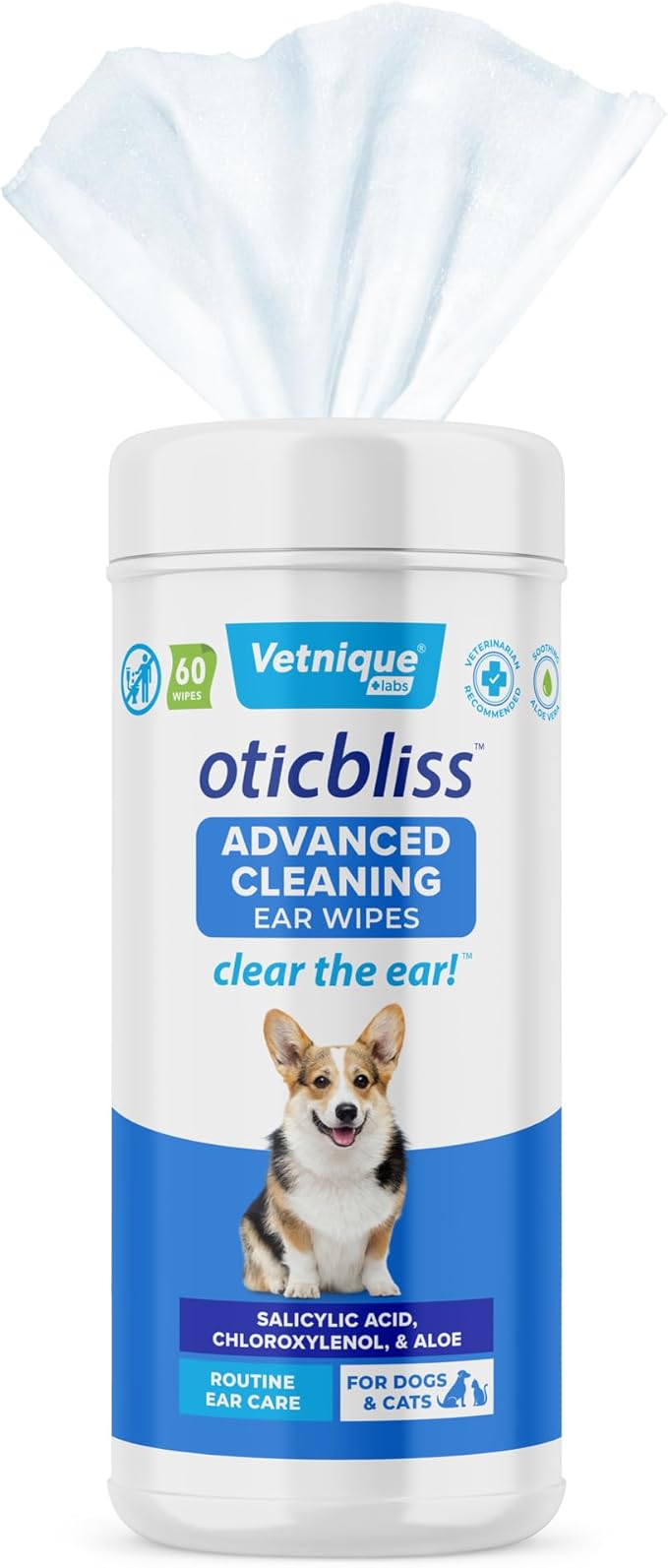 VETNIQUE Oticbliss Advanced Cleaning Ear Wipes for Dogs for Odor Control, Dirt and Wax Removal with Soothing Aloe Vera, Salicylic Acid & Vitamin E, (Ear Cleaning Wipes, Advanced Cleaning Large) VetniqueLabs