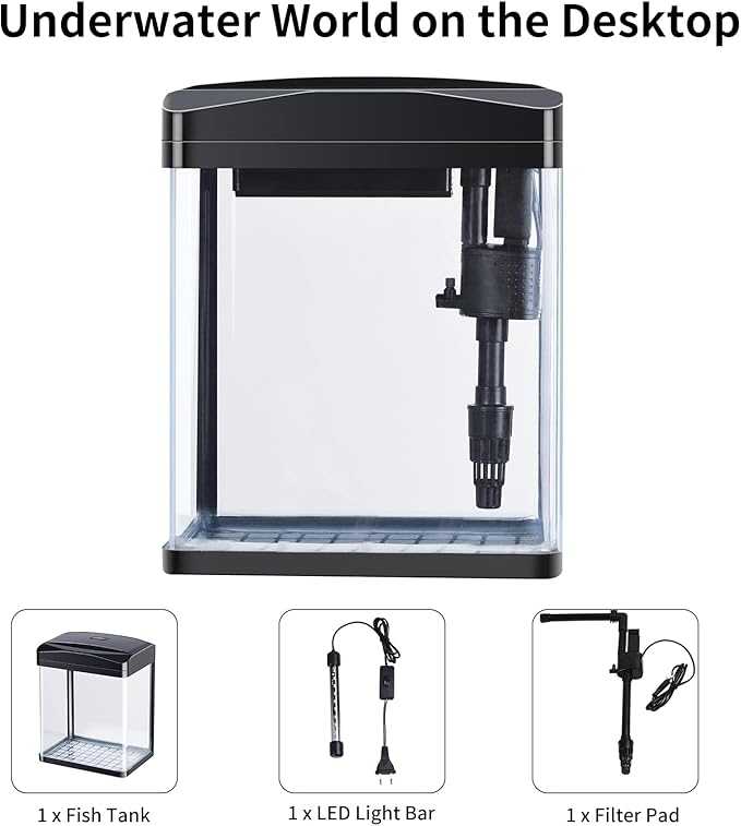 2 Gallon Aquarium Starter Kit Small Glass Betta Fish Tank Desktop Mini Fish Bowl for Shrimp Goldfish with Filter Pump LED Light PAWPICO