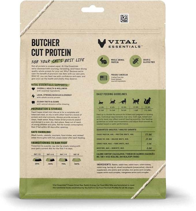 Vital Essentials Freeze Dried Raw Cat Food, Rabbit Mini Nibs Entree, 8 oz VitalEssentials