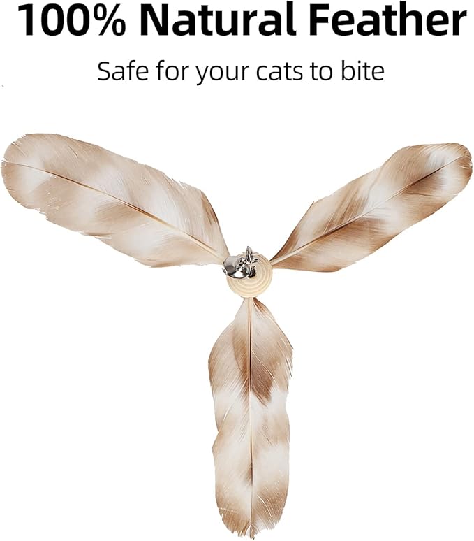 FUKUMARU Cat Wand Toy, 35.5 Inch Cat Feather Propeller Toy with Bell, Steel Wire Cat Toy for Indoor Cats with Natural Feather - PAWPICO