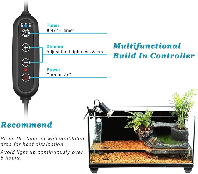 DOMICA Dimmable Reptile Heat Lamp with Timer + 50W UVA UVB Light Bulb, Basking Spot Light Simulated Sunlight, Heating Lamp for Turtle, Lizard, Snake, Beared Dragon, Amphibians DOMICA