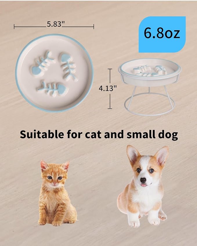 2PCS Ceramic Cat Slow Food Bowl for Wet and Dry Food, Elevated Design, Prevents Vomiting and Obesity, Raised Cat Puzzle Bowl, Stress-Free Slow Food Plate, Backflow Prevention, for Cats and Small Dog - PAWPICO
