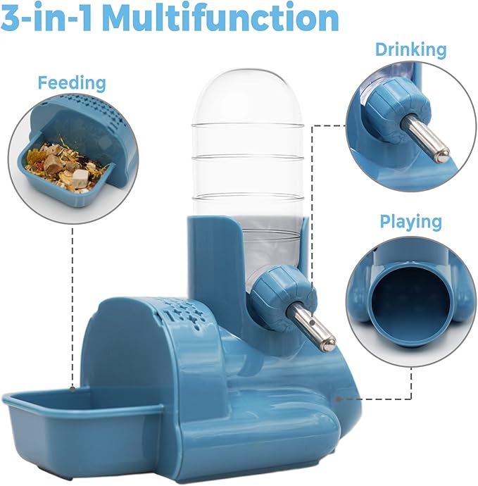 Vannon 3 in 1 Hamster Water Bottle No Drip Small Animal Water Bottle Automatic Bottle Dispenser with Food Container Base Hut and Hideout Base 4oz/120ml, BPA Free Vannon