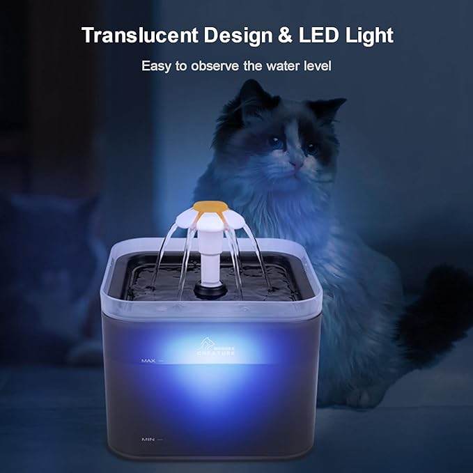 Cat Water Fountain, 67oz/2L Automatic Cat Drinking Fountain, Pet Water Fountain with LED Light and Filter for Cats and Small Dogs (Grey) - PAWPICO