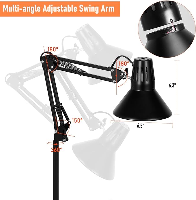 Reptile Heat lamp Reptile Light Fixture, Tall Heat Lamp Stand Reptile Lamp Stand with Lampshade Height Range from 15.7inch to 74.3inch with 360°Adjustable Swing Arm DXOVEEN