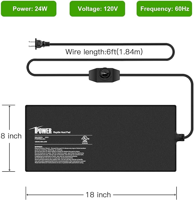 iPower 8 by 18-Inch 24 Watts Reptile Heating Mat with Temperature Controller Under Tank Warmer Terrarium Heat Pad for Reptiles and Amphibians iPower