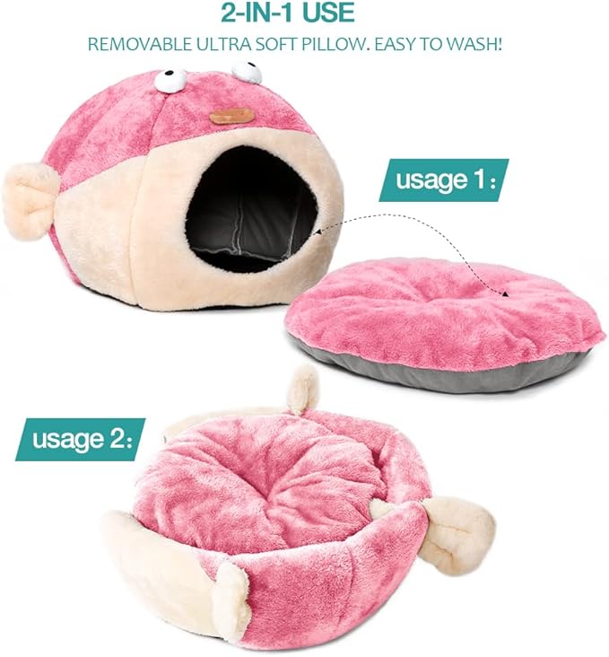Cat Beds for Indoor Cats - Cat Bed Cave with Removable Washable Cushioned Pillow, Soft Plush Premium Cotton No Deformation Pet Bed, Lively Pufferfish Cat House Design, Pink, Multiple Sizes(S) - PAWPICO
