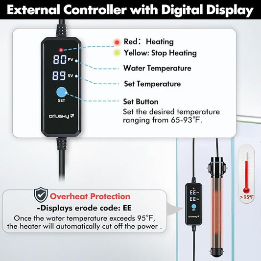 Orlushy 100W Submersible Aquarium Heater, Adjustable Fish Tank Heater with Digital Display External Controller, Overheat Protection and Free Thermometer for 10-20 Gallon Freshwater and Saltwater Tank Orlushy