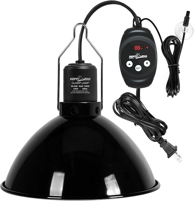 REPTIZOO Reptile Light Fixture with Dimming Thermostat, 8.5 Inch Deep Dome Lamp Fixture with Reptile Heat Lamp Bulb Temperature Controller Reptile Dimming Thermostat Max 150W REPTIZOO