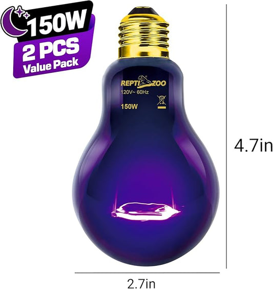 REPTIZOO 2PCS Reptile Heat Lamp, 150W Night Heat Lamp Moonlight Bulb Purple Infrared Heating Lamp Simulate Natural Moonlight Night Heat Bulb for Reptile Amphibian REPTIZOO