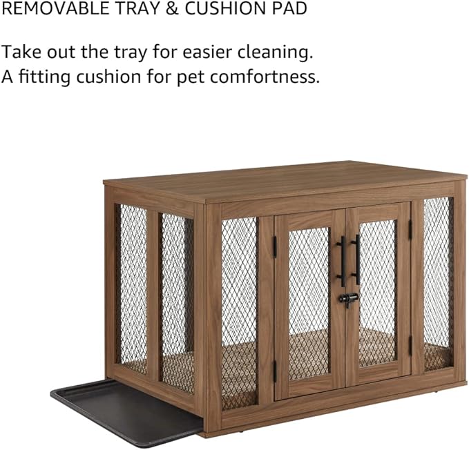 unipaws Furniture Dog Crate with Tray for Medium Dogs, Indoor Aesthetic Puppy Kennel Pet House Dog Cage with Door, Modern Decorative Wood Pretty Cute Fancy End Side Table Nightstand, Walmut - PAWPICO