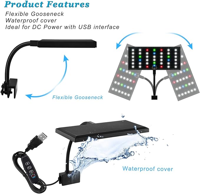 DOMICA Clip On Aquarium Light with Timer for 3 to 8 Gal Fish Tank (Dimmable Full Spectrum LED) USB Moving Lamp for Open Terrarium (Adapter NOT Included) DOMICA