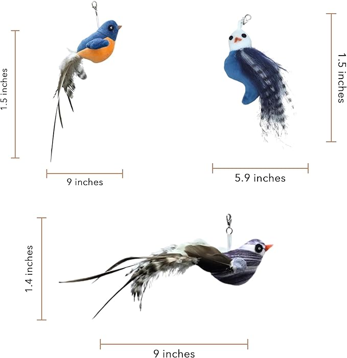 Chirping Bird Replacement Heads for Cat Toys - Set of 3 - Realistic Calling Bird Sounds, Vibrant Feather Designs, Easy Clip-On for Endless Fun - PAWPICO