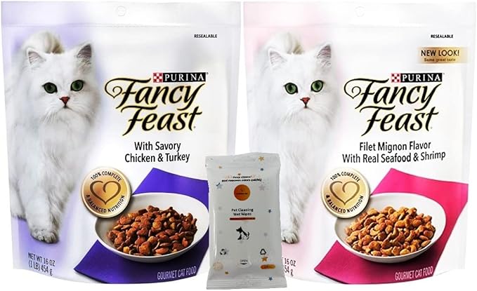 Aurora Pet Variety Pack (2) FF Gourmet Dry Cat Food (Chicken and Turkey, Filet Mignon) 16-oz Bags with AuroraPet Wipes - PAWPICO