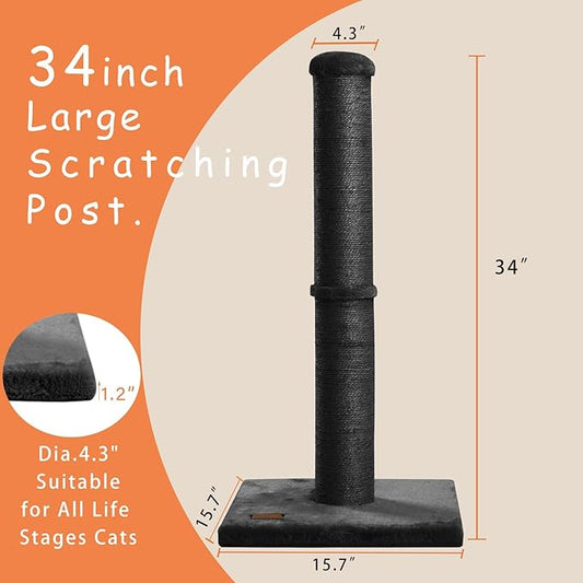 34inch Cat Scratching Post with Natural Sisal Rope 4.3Inch Large Diameter Scratcher Post Tree for Indoor Cats Black - PAWPICO