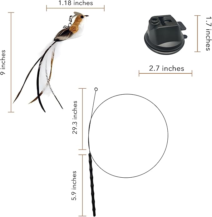 Interactive Suction Cup Cat Toy for Indoor Cat, Long Tail Feather Bird, Spring Wire Suctions to Ground, Hands Free Bird Simulation Cat Toy Wand Set that Sticks to Floor, Feathers & Bells - PAWPICO