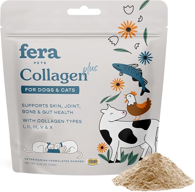 Fera Pet Organics Collagen Plus Cat & Dog Food Topper – Vet Created Support for Pet Joints, Skin, Bone & Immune System with Collagen + Vitamin C – Powder Supplement - 4.23oz FeraPets