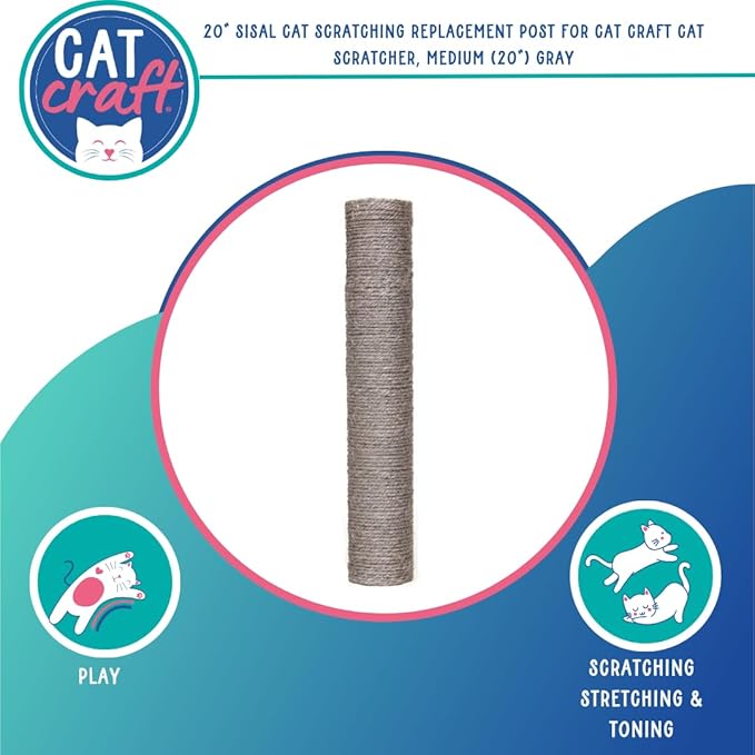Cat Craft Replacement Sisal Cat Scratching Post 20" | Replacement Part & Extension Post, Grey - PAWPICO