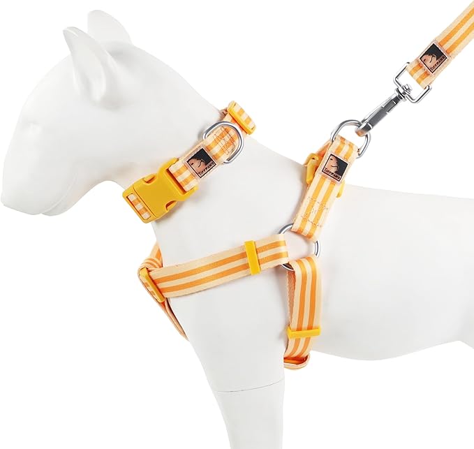 Striped Dog Harness Collar and Leash Set, Polyester Webbing Dog Collar Easy Walking and Training Dog Harness and Leash 3-in-1 Suit Adjustable Dog Harness Collar Leash Set for Dogs(Orange, L) Tiffpaws