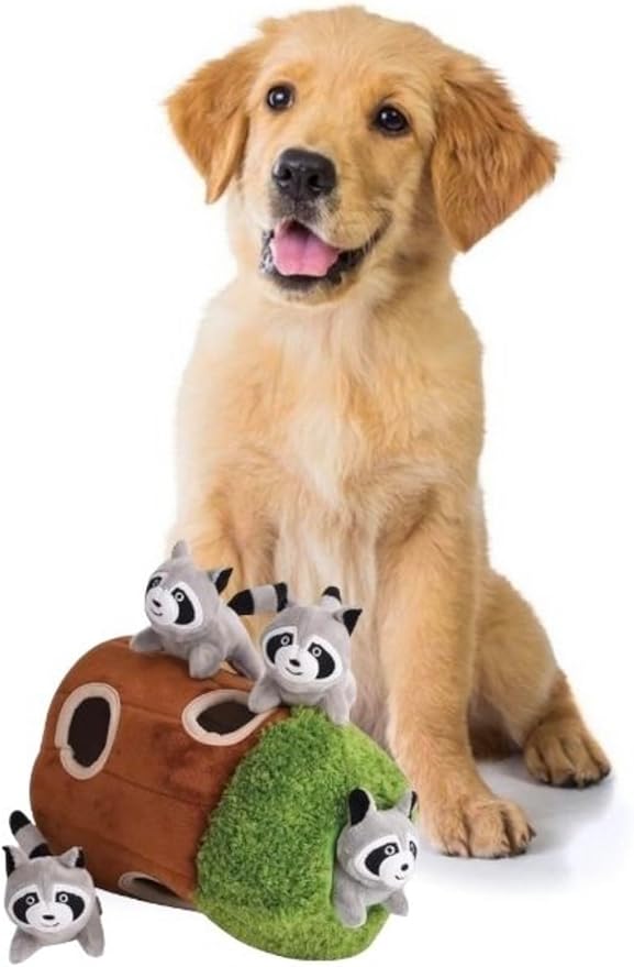 Raccoon in Tree Hide and Seek Dog Toy for Small and Medium Size Dogs, Plush Raccoon Inside Trunk Dog Toy with Squeaker, Interactive Burrow Dog Toy (Tree with Raccoons, Medium) - PAWPICO