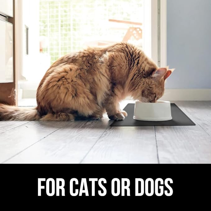 Gorilla Grip 100% Waterproof Raised Edge BPA Free Silicone Pet Feeding Mat, Dog Cat Food Mats Contain Spills Protects Floors, Placemats for Cats and Dogs Water Bowl, Pets Accessories 16x10, Charcoal - PAWPICO