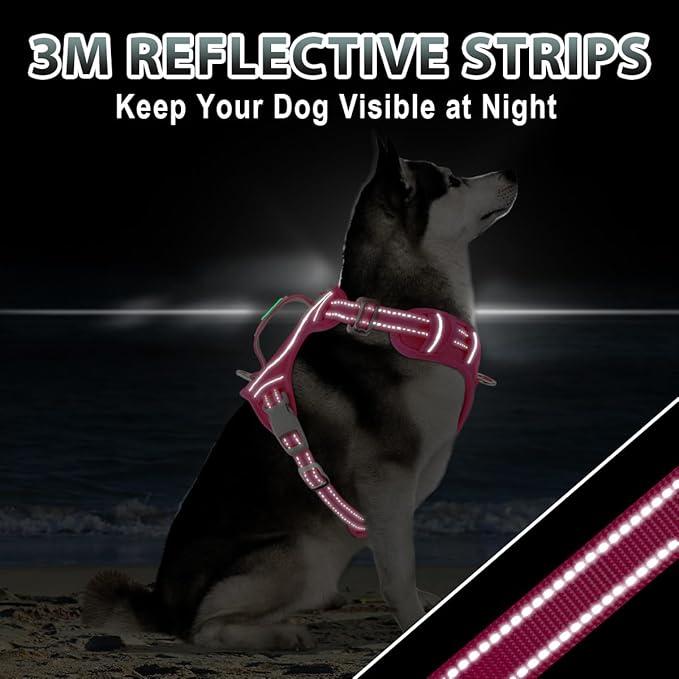 BARKBAY No Pull Dog Harness 3 Buckles Large Reflective Dog Harness with Front Clip and Easy Control Handle for Walking Training Running with ID tag Pocket(Pink,XL) BARKBAY