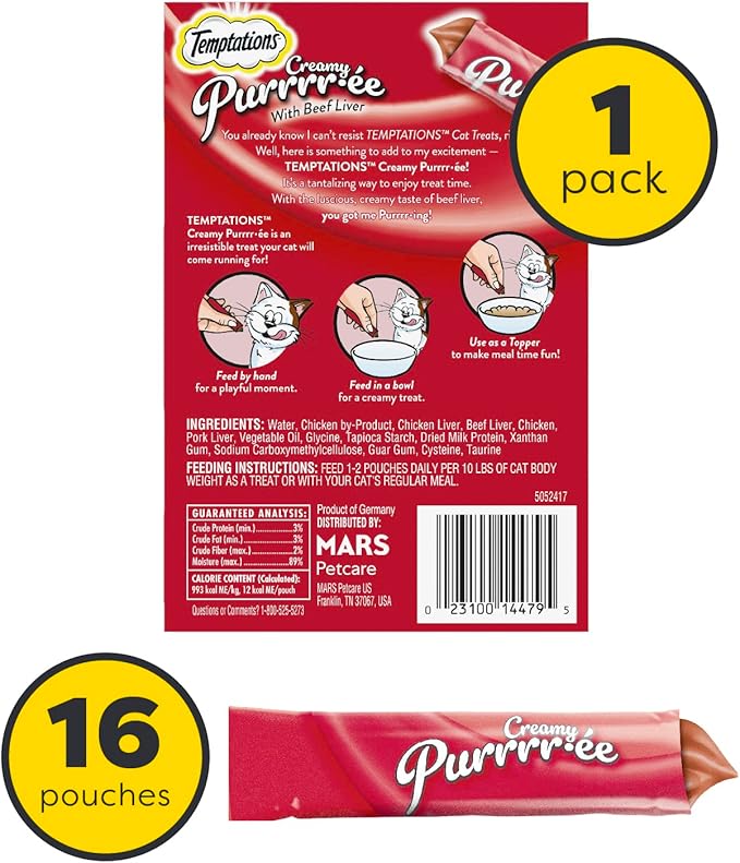 Temptations Creamy Puree with Beef Liver Lickable, Squeezable Cat Treats, 0.42 oz Pouches, 16 Count Temptations