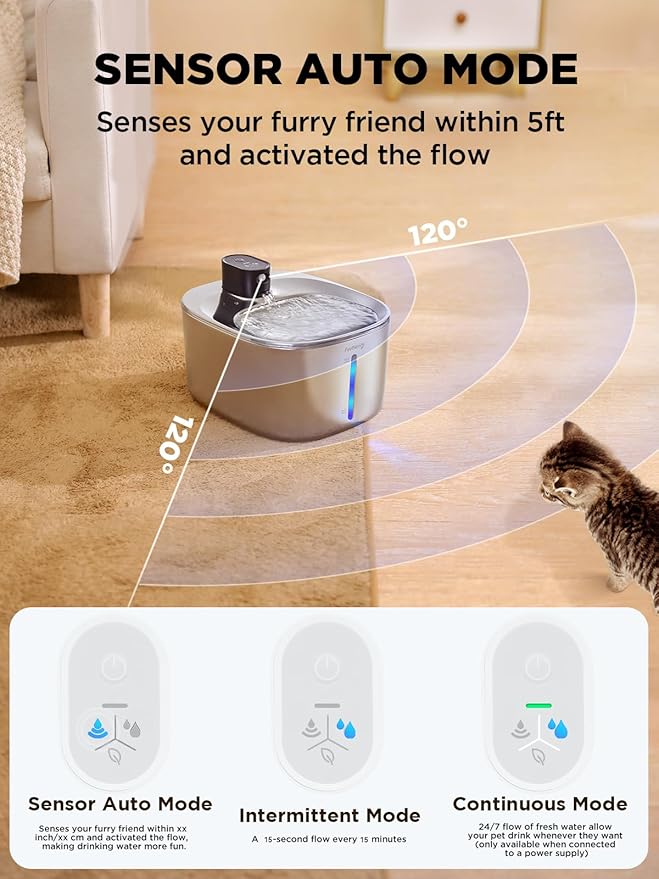 Cat Water Fountain Wireless, Battery Operated, 4L/135fl oz Stainless Steel Pet Water Fountain for Cats Dogs with Motion Sensor, Ultra Quiet Cat Drinking Fountain with 6 Filters (YPD-C004S) - PAWPICO