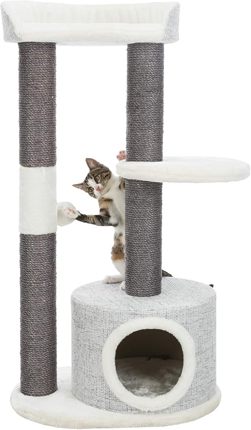 TRIXIE Pilar Cat Scratching Post 39.4 Inch - with Durable Sisal Rope (Gray) and Condo, Two Platforms, Top Platform with Backrest & Dangling Cat Toy - in Gray - PAWPICO
