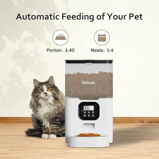 VOLUAS Automatic Cat Feeders - Pet Food Dispenser for Dry Food, Timed Cat Feeder with Desiccant Bag, Programmable Portion Size Control 4 Meals Per Day, 10s Voice Recorder - PAWPICO