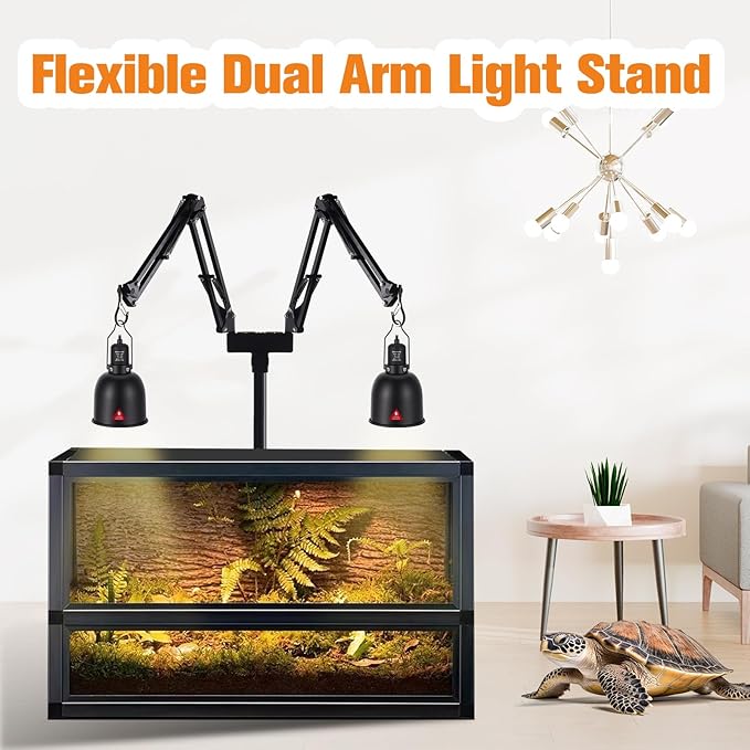 Dual Reptile Lamp Stand Reptile Light Stand with Two Flexible Brackets,Height Adjustable (15.7inch to 74.3inch) Reptile Heat Lamp Stand for Hanging Heat Lamp Holder and Light Fixture DXOPHIEX