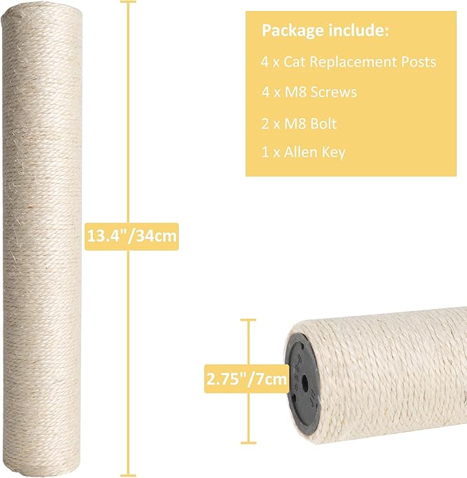 Dimaka Cat Scratching Post Replacement Pole, Cardboard and Sisal (Beige-4 Posts, 13.4 in/ 34 cm) - PAWPICO