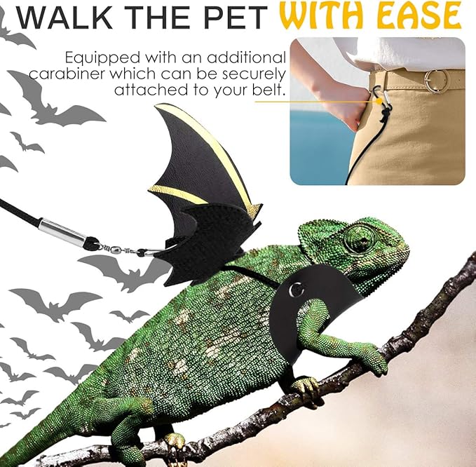 Pawaboo Adjustable Bearded Dragon Harness and Leash, 3 Size Leather Reptile Leash Outdoor Harness Leash with Bat Wings for Lizard Reptiles Amphibians Small Pet, Small/Medium/Large, Black+Gold Pawaboo