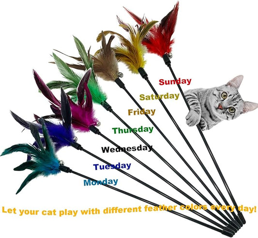 Cat Wand Toy Feather Stick Cat Toys, 7 PCS Cat Feathers Toy Wand, Interactive Cat Toy Feather Wand for Indoor Cats - PAWPICO