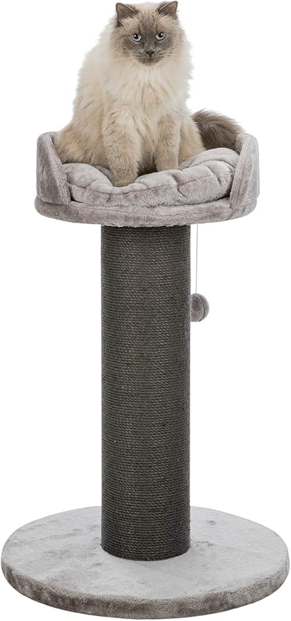 TRIXIE Pepino Cat Scratching Post 35 Inch - Cat Scratcher with Soft Fabric Covering Base and Durable Sisal Rope - with Platform Bed & Dangling Cat Toy - in Gray - PAWPICO