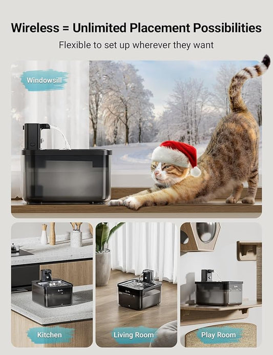 DownyPaws Battery Operated Cat Water Fountain Stainless Steel, 84oz/2.5L Fursink Wireless Pet Water Fountain for Cats Inside, Automatic Cat Waterer Fountain with Faucet, Quiet Pump, BPA-Free, Black - PAWPICO