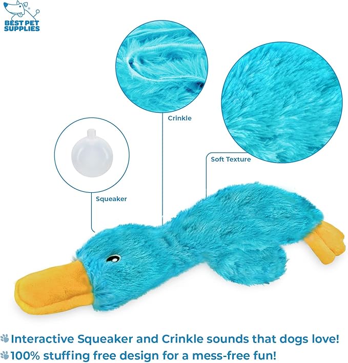 Best Pet Supplies Crinkle Dog Toy for Small, Medium, Cute No Stuffing Duck with Soft Squeaker, Fun for Indoor Puppies and Senior Pups, Plush No Mess Chew and Play - Turquoise, Large - PAWPICO