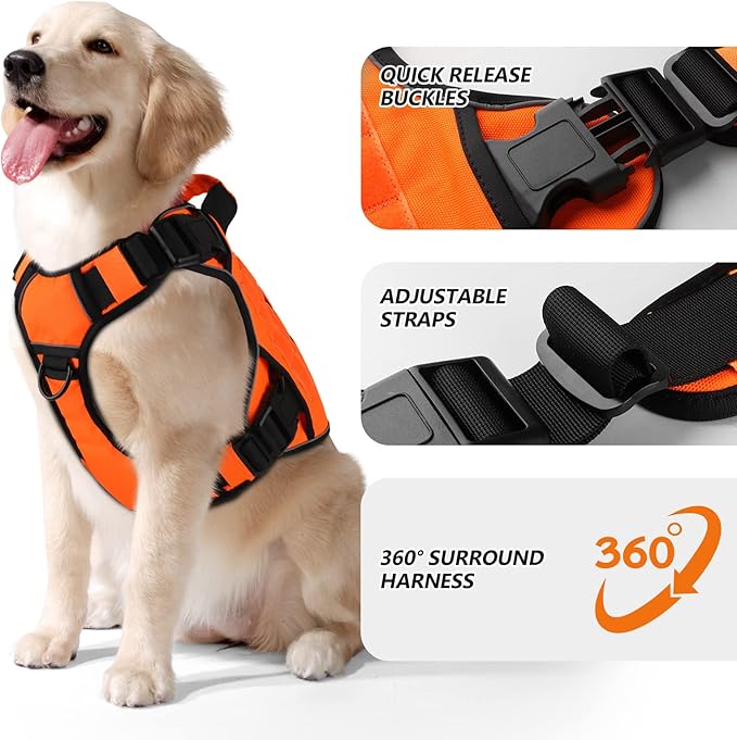 WINGOIN Orange Tactical Dog Harness Vest for Large Dogs No Pull Adjustable Reflective Military Pet Harness with Handle for Golden Retriever, Doberman Pinscher, Rottweiler, Great Dane Service Dog (XL) WINGOIN