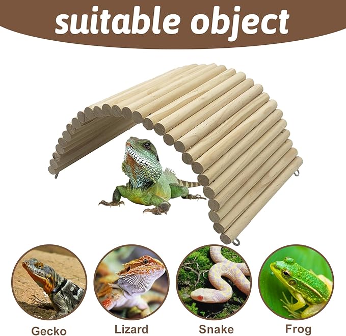Hamiledyi Wooden Reptile Hideout Bearded Dragon Bendy Bridge Climbing Ladder Hiding Hut Reptiles Hide Cave Habitat Decor for Lizards Gecko Spiders Snakes Tortoise(15.66 x 7.8in) Hamiledyi
